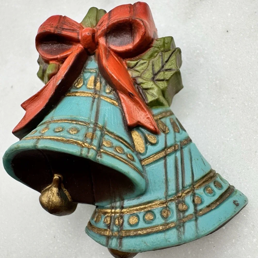 Vintage Christmas Bells‎ Brooch Red Bow Holly Holiday Pin Blue Bell Vintage